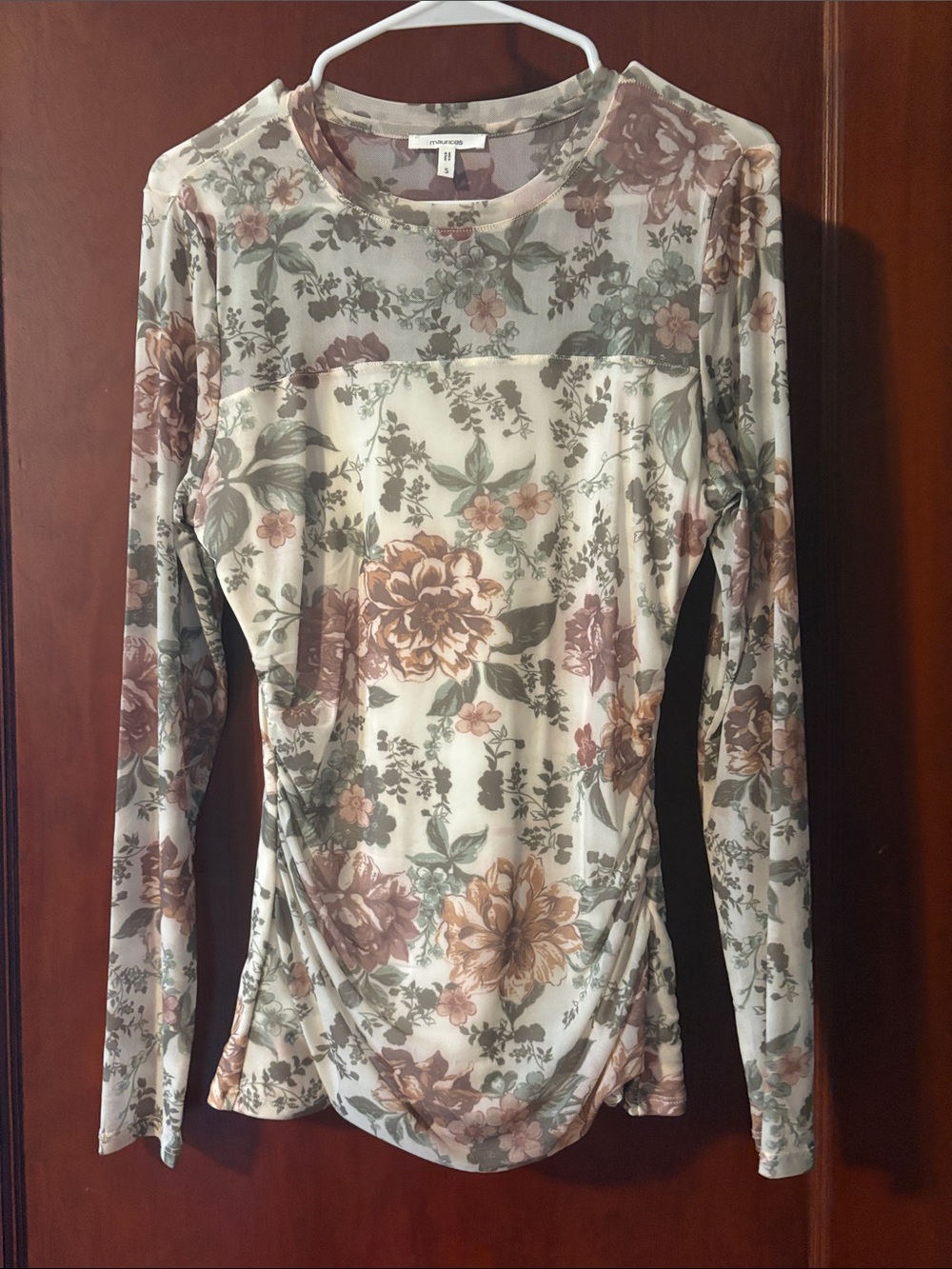 Long-Sleeve Floral Crewneck Top - Neutral Sage & Mauve